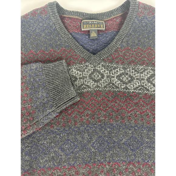 Jos. A Bank Reserve Size XL Fair Isle Wool Sweater V-Neck Gray Winter Holiday - Picture 2 of 8